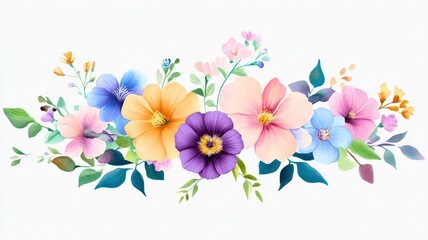 Obraz premium A vibrant arrangement of various colorful flowers and leaves, beautifully displayed on a white background.