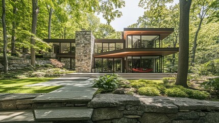 A modern stone home featuring sleek lines and floor-to-ceiling windows, blending natural stone with contemporary architecture in a forest setting.