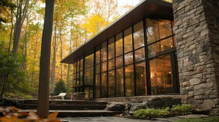 A modern stone home featuring sleek lines and floor-to-ceiling windows, blending natural stone with contemporary architecture in a forest setting.