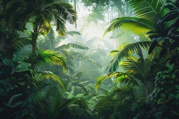 A lush green jungle with tall trees and a thick canopy of leaves, generative ai image © Mutimul