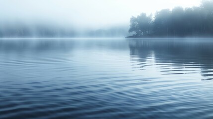 Fototapeta premium Misty lake landscape. Tranquil lake scene with fog and distant trees. The peaceful water surface reflects the foggy atmosphere, conveying a sense of serenity and mystery.