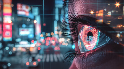 Futuristic City Reflection in Digital Eye Close-Up