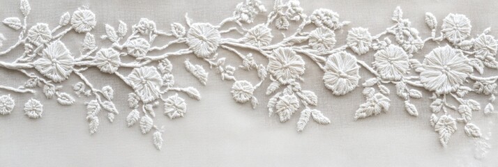 Intricate white embroidery showcasing detailed floral patterns with high fidelity design on soft fabric
