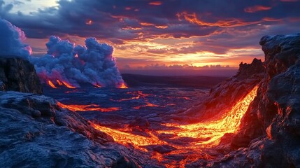Fototapeta premium Volcanic Landscape at Sunset: A Fiery Spectacle of Nature