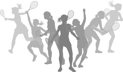 Silhouette Tennis players set. Active sports people healthy players fitness silhouettes concept.