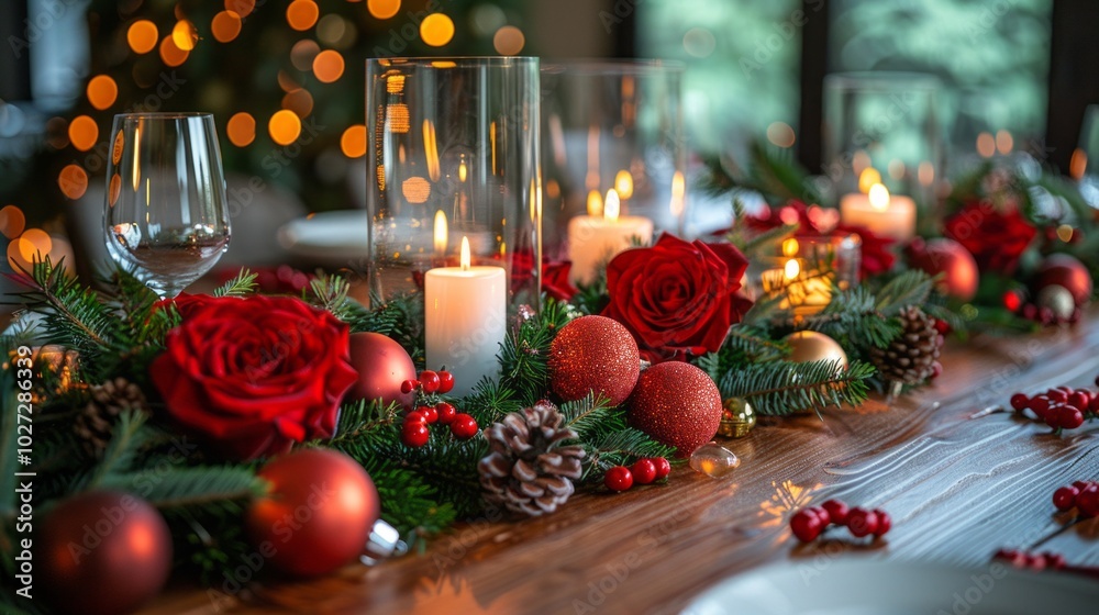 Poster a table is set for a christmas dinner with a red and green table runner
