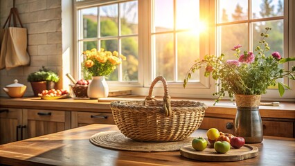 A charming kitchen scene features an empty straw basket on the table, enhancing home decor and inviting lifestyle imagery for a warm, inviting ambiance.