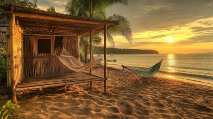 A simple bamboo beach hut with a hammock hanging outside, positioned just a few steps away from the shoreline, offering a perfect coastal escape