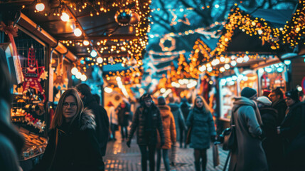 Obraz premium A New Year holiday market filled with festive lights, warm drinks, and holiday treats, bustling with excited visitors