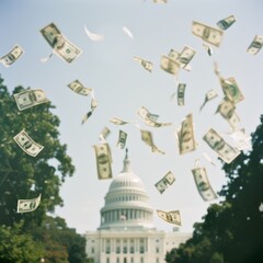 Dollar bills cascade in front of the US Capitol building, symbolizing financial power and economic influence in a striking outdoor composition.