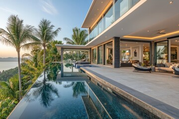 Fototapeta premium Modern mansion with infinity pool on the first-floor terrace, high ceilings, and panoramic views of the sea, nestled among palm trees