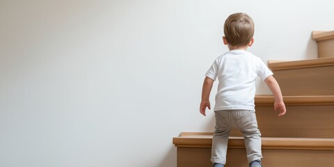 A small child in a white shirt ascends a wooden staircase, symbolizing growth, exploration, and the courage to take new steps forward in life.