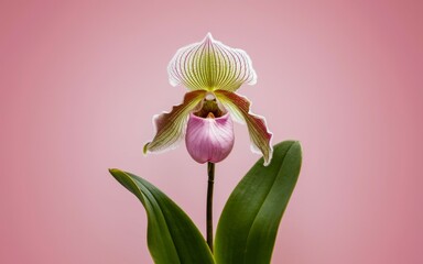 Obraz premium Pink lady slipper orchid. Single pink lady slipper orchid with green leaves, isolated on a pink background. Elegant and delicate flower.