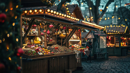 Naklejka premium A nostalgic Christmas market stall selling vintage ornaments and holiday decorations, surrounded by festive lights