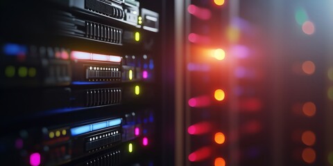 Fototapeta premium A server room with arrays of vibrant, colorful lights demonstrates the inner workings of a modern data center, emphasizing technology and network efficiency.