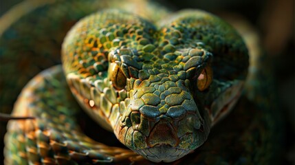 Fototapeta premium A green snake with brown spots on its head
