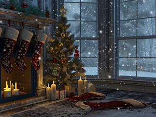 A peaceful Christmas Eve scene with stockings hanging by the fireplace, candles glowing, and snow falling outside the window