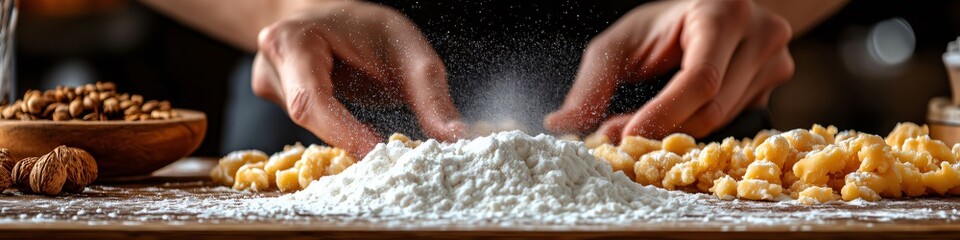 Panoramic banner with a close up of baker clapping hands together over fresh pasta dough with flour falling down in a cloud on wooden cutting board; culinary header with bakery concept and ingredients