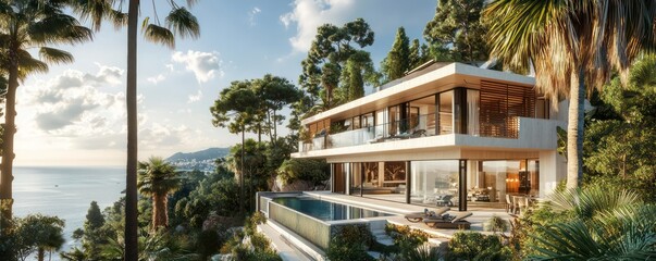 Fototapeta premium Modern mansion with sweeping sea views, infinity pool, and terraces nestled among tall palm trees