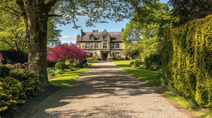 An elegant stone manor house with manicured gardens, towering oak trees, and a gravel driveway leading to the grand entrance, exuding timeless sophistication.