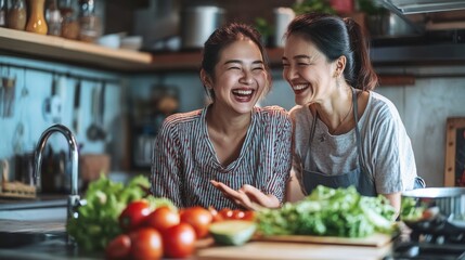 Two women are laughing and smiling while preparing food on a kitchen counter