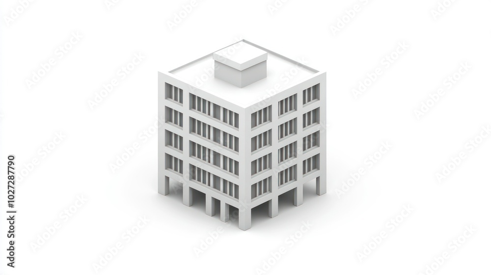 Poster a simple white 3d model of a building with windows and a flat roof