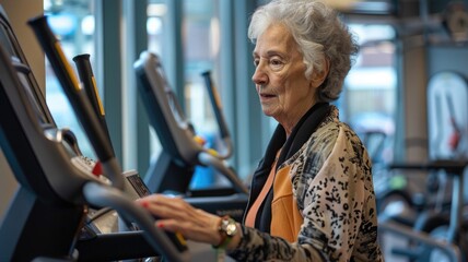 Senior woman exercising on treadmill in gym for healthy living and fitness
