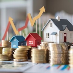 Stacked coins and toy houses gather near upward graphs, symbolizing growth and prosperity in real estate investment within a dynamic economic landscape.