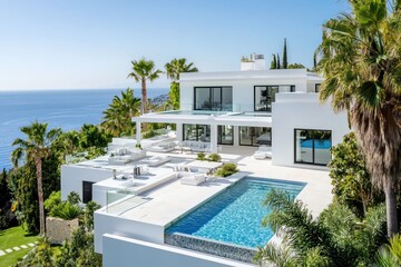 Fototapeta premium Modern mansion with white walls, infinity pool, and expansive sea views from terraces, nestled among palm trees