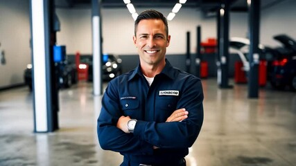 Smiling male auto mechanic portrait in modern car service