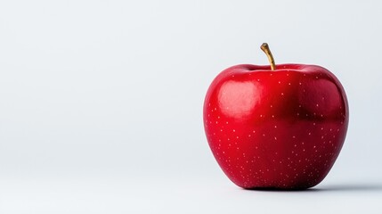 Close-up of a shiny red apple with a stem on a plain white background, highlighting its vibrant color and smooth texture.