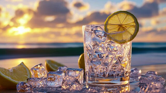A refreshing glass of gin and tonic sits on a beach at sunset, ready for a relaxing evening