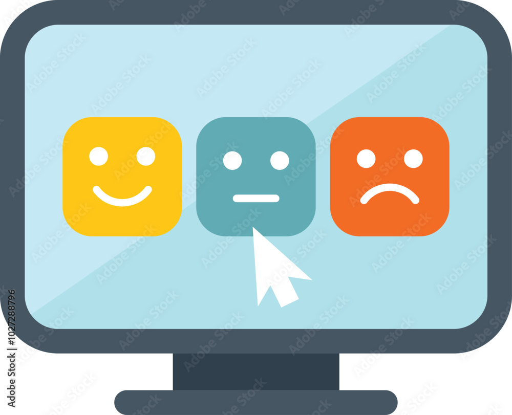 Poster computer screen displaying a customer satisfaction survey with a cursor selecting the neutral face