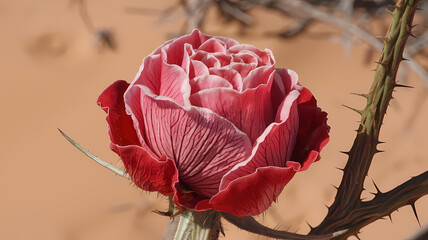 Vibrant pink and red flower with intricate petals, surrounded by dry desert landscape and thorny stems.