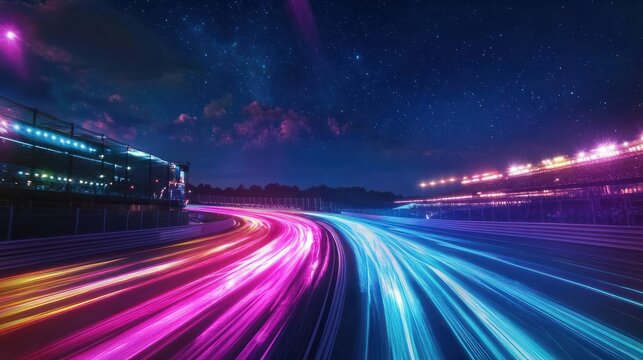 A night-time view of a brightly lit racetrack, with racing cars leaving streaks of light as they zoom past under the starry sky.
