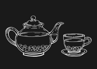 Tea set with healthy green tea, sea buckthorn. Teapot and cup. Hand drawn vector illustration.