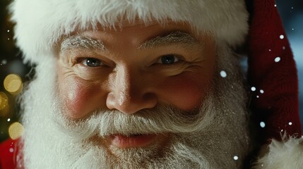 Jolly Santa Claus with a sparkling white beard, smiling amid falling snowflakes.