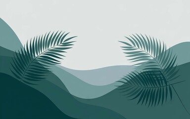 Palm leaf hills. Abstract illustration of palm leaves over green hills, minimalist design. Nature, tranquility, growth, and hope symbolized.