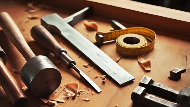 An artisan's workspace featuring woodworking tools, including a wooden mallet, chisel, and measuring tape, with shavings scattered across the table created with generative ai