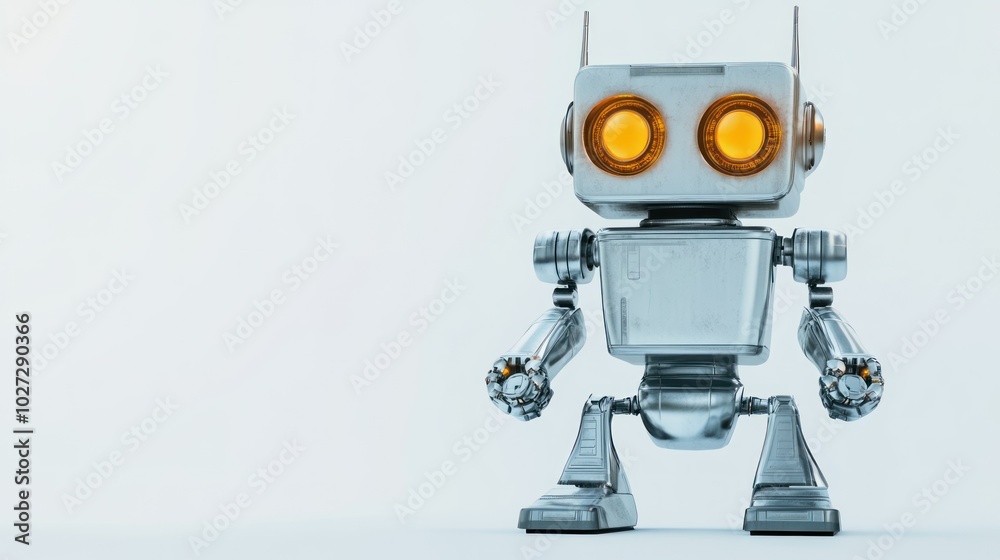 Poster a silver robot with glowing yellow eyes stands on a white background