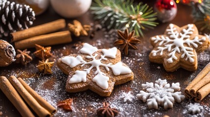 Festive gingerbread cookies with icing, surrounded by holiday spices and decorations.