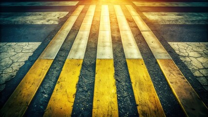 A dynamic rotating view of a vintage zebra crossing on an asphalt road showcases white and yellow stripes, capturing its nostalgic charm and urban scenery.