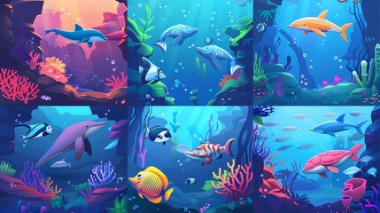 A cartoon illustration of various underwater scenes.
