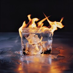 A fiery ice cube against a dark background, capturing an intriguing contrast of elements in dynamic tension.