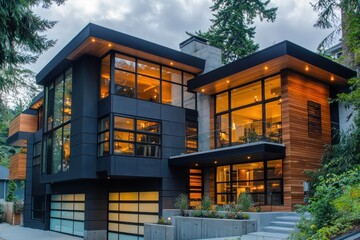 Sleek modern home with large windows, wood details, and a chic black and white color scheme Urban elegance at its best