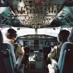 Two pilots are focused in a cockpit full of intricate controls, showcasing the precision and teamwork of aviation.