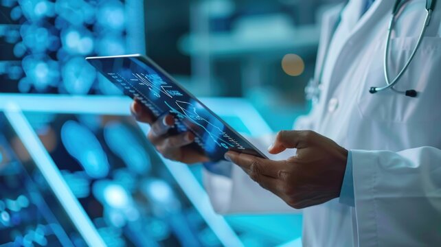 Scientist analyzing data on digital tablet in laboratory setting with technology interface