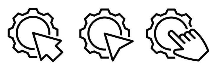 Vector icons of a gear with various pointer and hand clicks, symbolizing settings, configuration, and user interaction. Editable stroke.