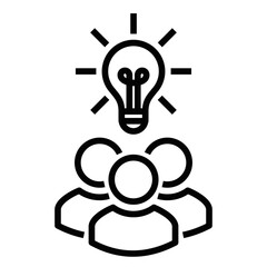 Simple line vector of three people under a lightbulb, symbolizing teamwork, brainstorming, collaboration, and idea generation. Editable stroke.