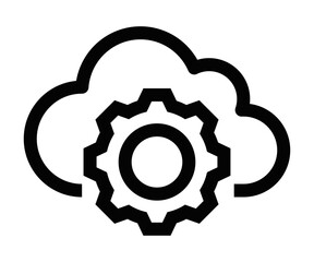 Simple line vector icon showing a cloud with a gear, representing cloud computing, settings, or system configuration in cloud services. Editable stroke.